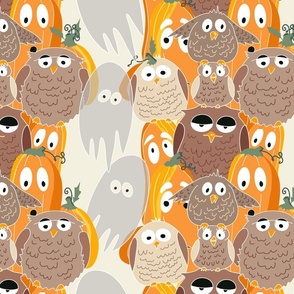 cute owls, funny pumpkins, and sweet ghosts for Halloween in light background  - medium scale
