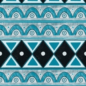 mid Western embroidery inspired distressed vintage hand drawn geometric 6” repeat teal blue, blue black, pale blue, verdigris  and grey