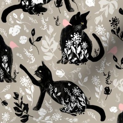 black cats on soft beige / pink birds / flowers / watercolor