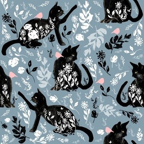 black cats on dark blue / watercolor / kittens