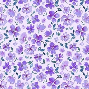 purple watercolour, watercolor floral painted flower blossom, scattered flowers, mauve flowers,  small scale for fabric