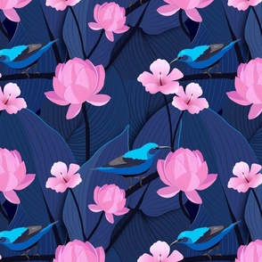 Souimanga bird and lotus - blue WALLPAPER