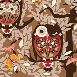 Birds of Prey Scandi Folk Owls in Trees Childrens Wallpaper