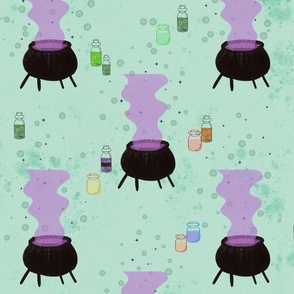 Witches brew - witch cauldrons and potions in green Large  - hand drawn halloween print in green and purple