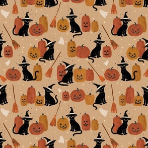 Witches brew - witch cats, jack o lanterns and ghosts Medium - hand drawn halloween print in orange and black