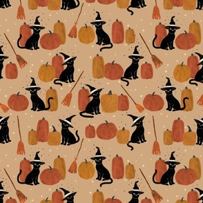 Witches brew - Halloween witch black cats and pumpkins Medium  - hand drawn pumpkin print in orange and black