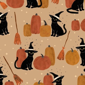Witches brew - Halloween witch black cats and pumpkins Large - hand drawn pumpkin print in orange and black
