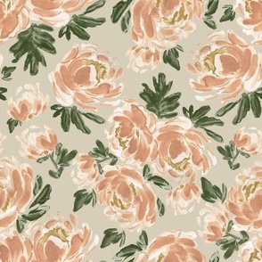 Large - Amelia Watercolor Painted Peach Peonies - Art Nouveau Florals - Stone, Blush, Beige, Green - Wallpaper, Bedding, Bed Sheets