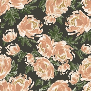 Large - Amelia Watercolor Painted Peach Peonies - Art Nouveau Florals - Charcoal, Black, Blush, Beige, Green - Wallpaper, Bedding, Bed Sheets