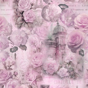 French Romance Vintage Paris Ephemera, Flowers And Script Design Pastel Pink