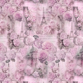 French Romance Vintage Paris Ephemera, Flowers And Script Design Pastel Pink Smaller Scale