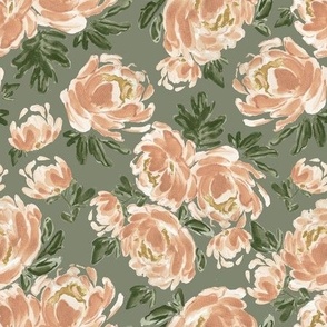 Medium - Amelia Watercolor Painted Peach Peonies - Art Nouveau Florals - Stone Green, Blush, Beige, Green