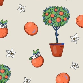 Colorful orange fruit with flowers on beige