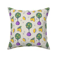 Hand drawn garden fruit lemon tree with flowers on beige