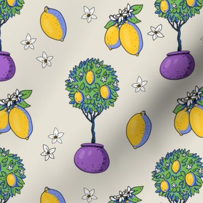 Hand drawn garden fruit lemon tree with flowers on beige