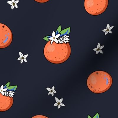 Summer bright cartoon orange fruit with flowers on black