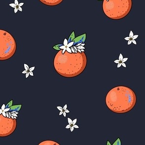 Summer bright cartoon orange fruit with flowers on black