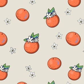 Summer bright cartoon orange fruit with flowers on beige