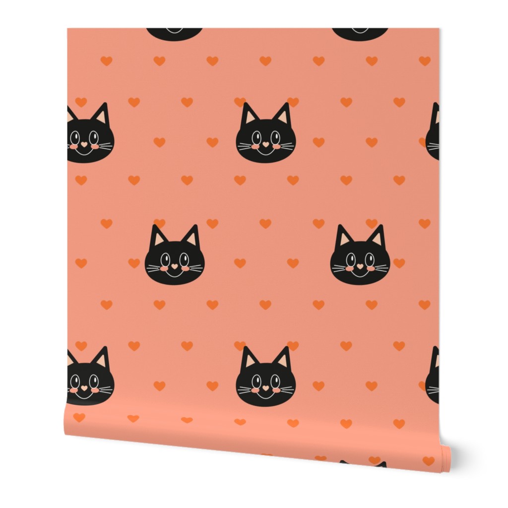 cute halloween black cats with hearts on coral orange