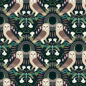 nouveau barn owls in emerald night (11")