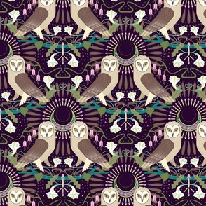 nouveau barn owls in purple night (11")