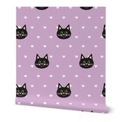 cute halloween black cats with hearts on lilac lavender violet