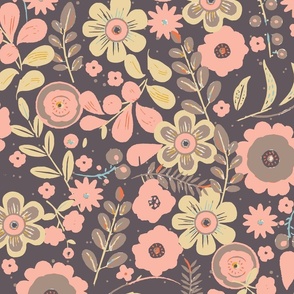 70's Bold Retro Enchanted Twilight Blooms | Pastel yellow and pink retro flowers on a deep plum background.