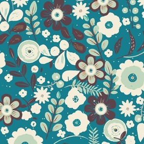 70's Bold Retro Mystic Retro Rainforest |  Vintage brown, sage green, and vanilla 70's retro flowers on a deep teal background.