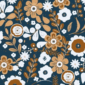 70's Bold Retro Whimsical Retro Night Garden |  Vintage brown, beige, and bright white 70's retro flowers on a deep blue background.