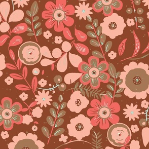 70's Bold Retro Nostalgic Sweetheart Bouquet | Pastel red, pink, and soft brown retro flowers on a wine red background.