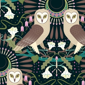 nouveau barn owls wallpaper in emerald night