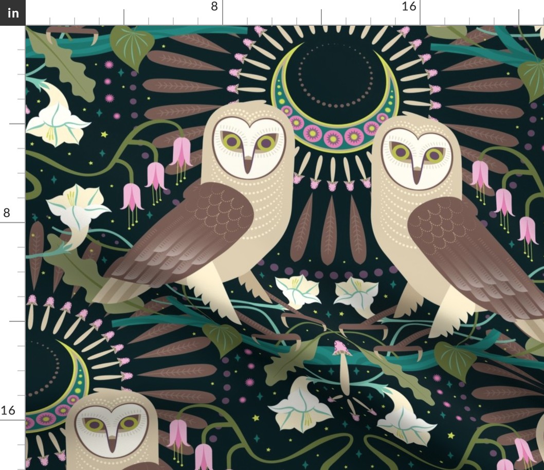 nouveau barn owls wallpaper in emerald night