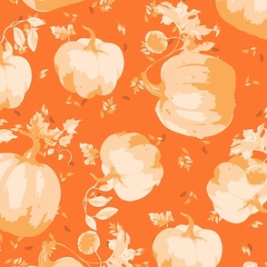 Enchanted Pumpkins Harvest | Cozy halloween Elegant vanilla pumpkins on a bright orange background.