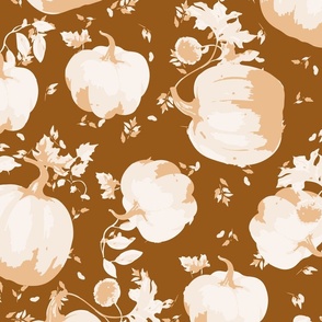 Enchanted Autumn Gathering | Cozy Halloween blush pumpkins on a toasty brown background. Dreamy and warm.
