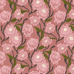 Trailing pink flowers floral on a deep pink background, stylized trailing floral, pink