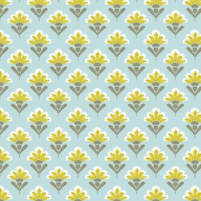 Geometric symmetric floral in light blue and yellow