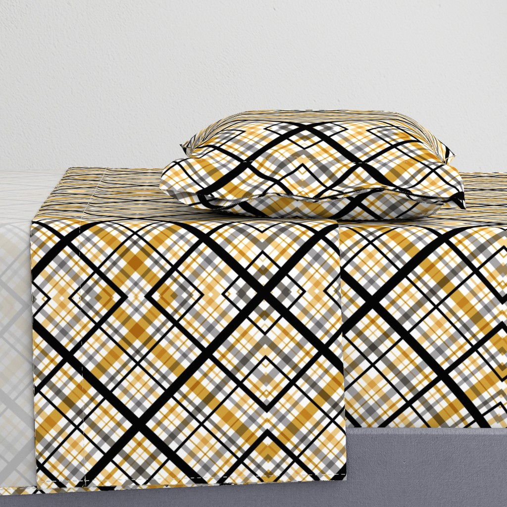 45 Degree Diagonal Striped Tartan Plaid // Bias Fabric // Butterscotch, Battleship Gray, Medium Gray, Black and White // 300 DPI