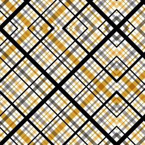 45 Degree Diagonal Striped Tartan Plaid // Bias Fabric // Butterscotch, Battleship Gray, Medium Gray, Black and White // 300 DPI