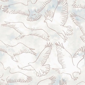 Hand-Sketched Serene Hawks Flying in a Tranquil Sky with Subtle Texture in Dusty Blue_Large