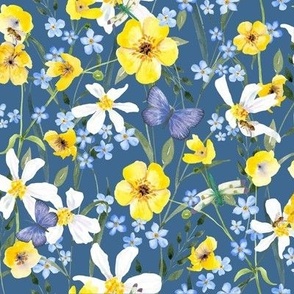 8" Wildflower Dance | Buttercups, Butterflies n Bees Navy by Audrey Jeanne