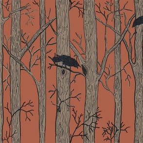 Life in the Forest with crows on orange