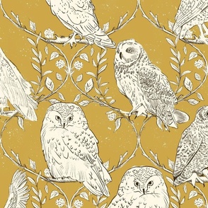 Branches and Vines woodland owls_Dark Gold_Large