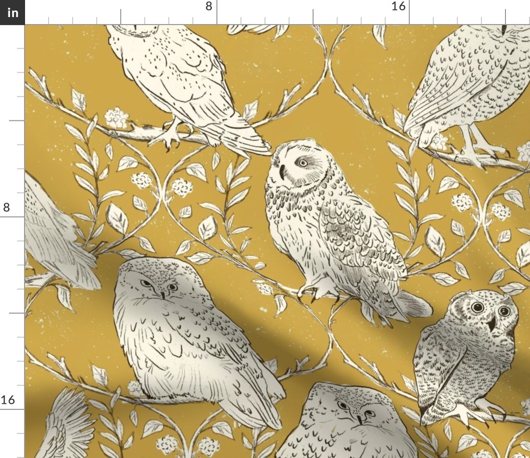Branches and Vines woodland owls_Dark Gold_Large