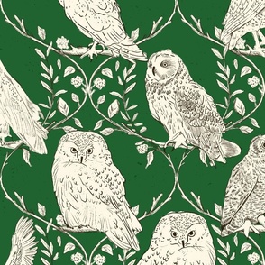 Branches and Vines woodland owls_Dark Emerald Green_Large