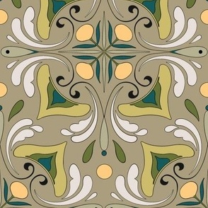 Abstract Floral Tile in Sage with White, Light Peach and Green Earth Tones  // Large