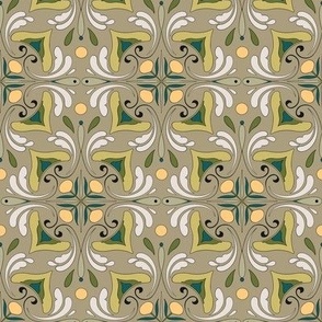 Abstract Floral Tile in Sage with White, Light Peach and Green Earth Tones  // Medium