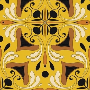 Abstract Floral Tile in Marigold Yellow Ochre Ivory and Black // Large Scale