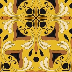 Abstract Floral Tile in Marigold Yellow Ochre Ivory and Black // Large