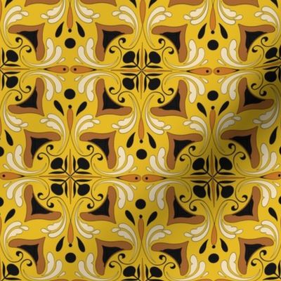 Abstract Floral Tile in Marigold Yellow Ochre Ivory and Black // Medium