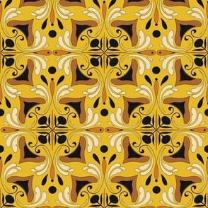 Abstract Floral Tile in Marigold Yellow Ochre Ivory and Black // Medium